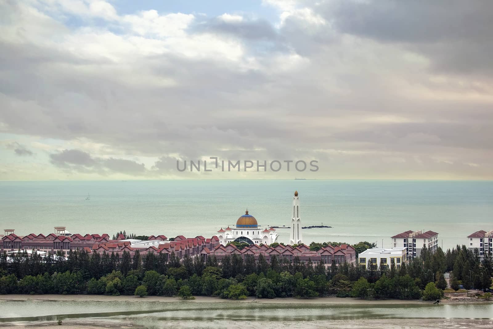Masjid Selat Melaka Mosque on the Man-made Island of Pulau Melaka by the Straits of Malacca Malaysia Aerial View