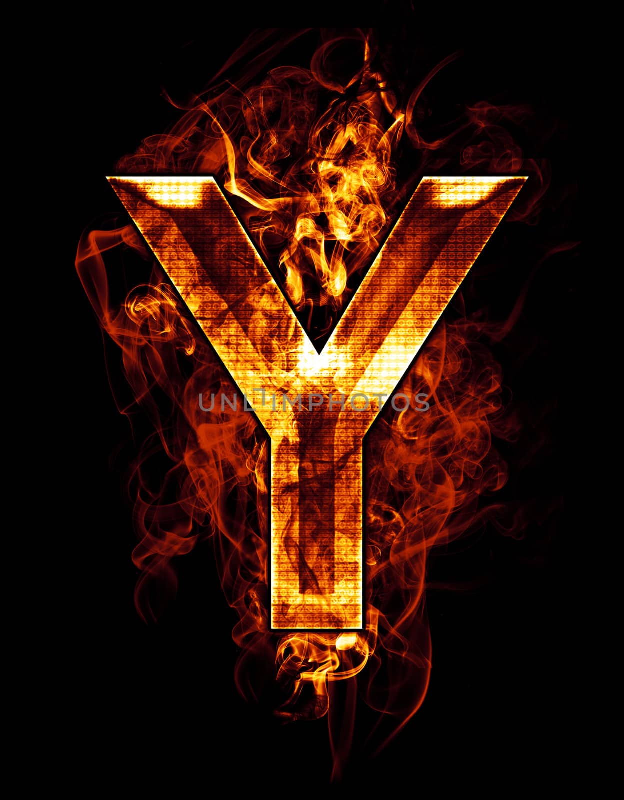 y, illustration of letter with chrome effects and red fire on black background