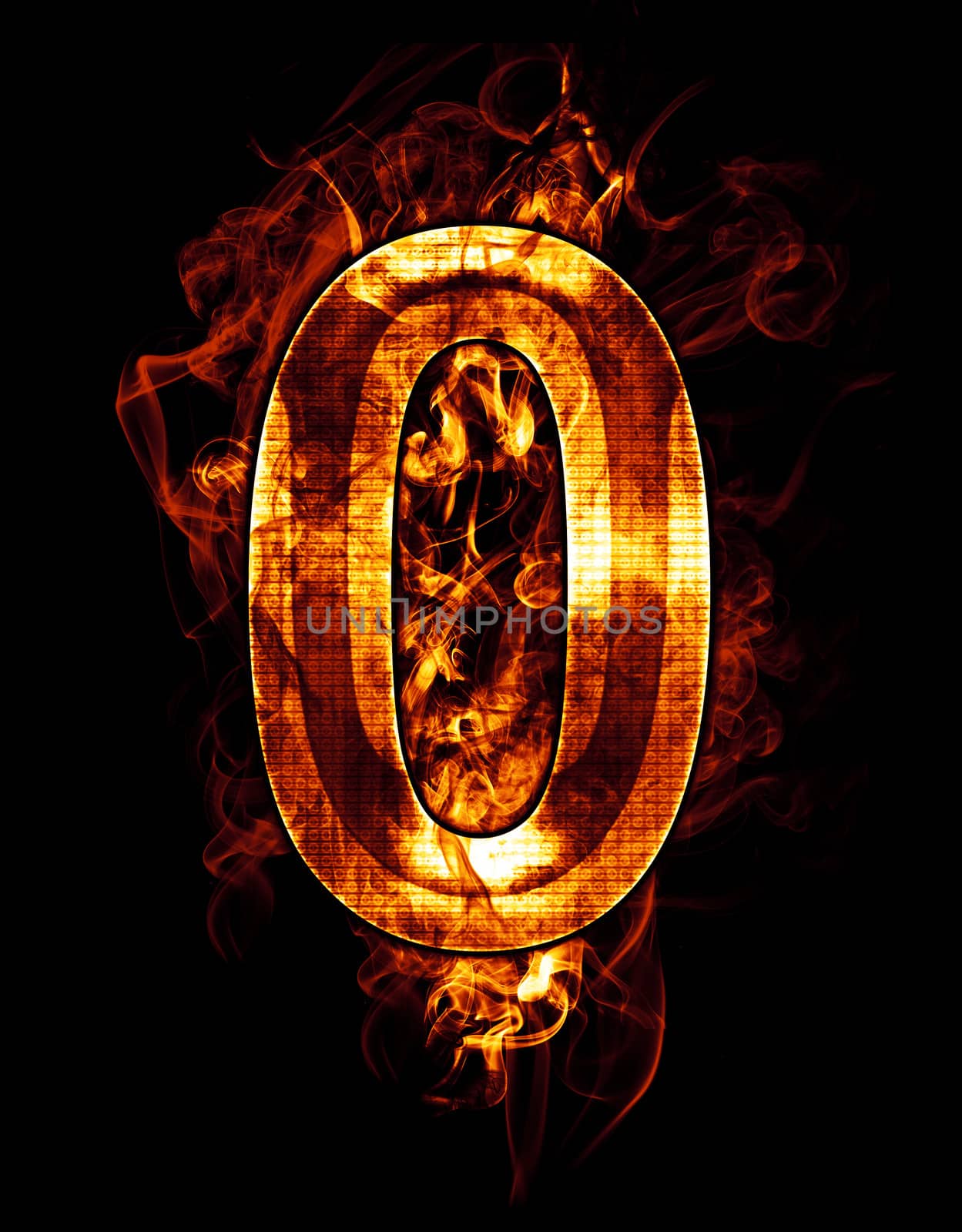 zero, illustration of number with chrome effects and red fire on black background