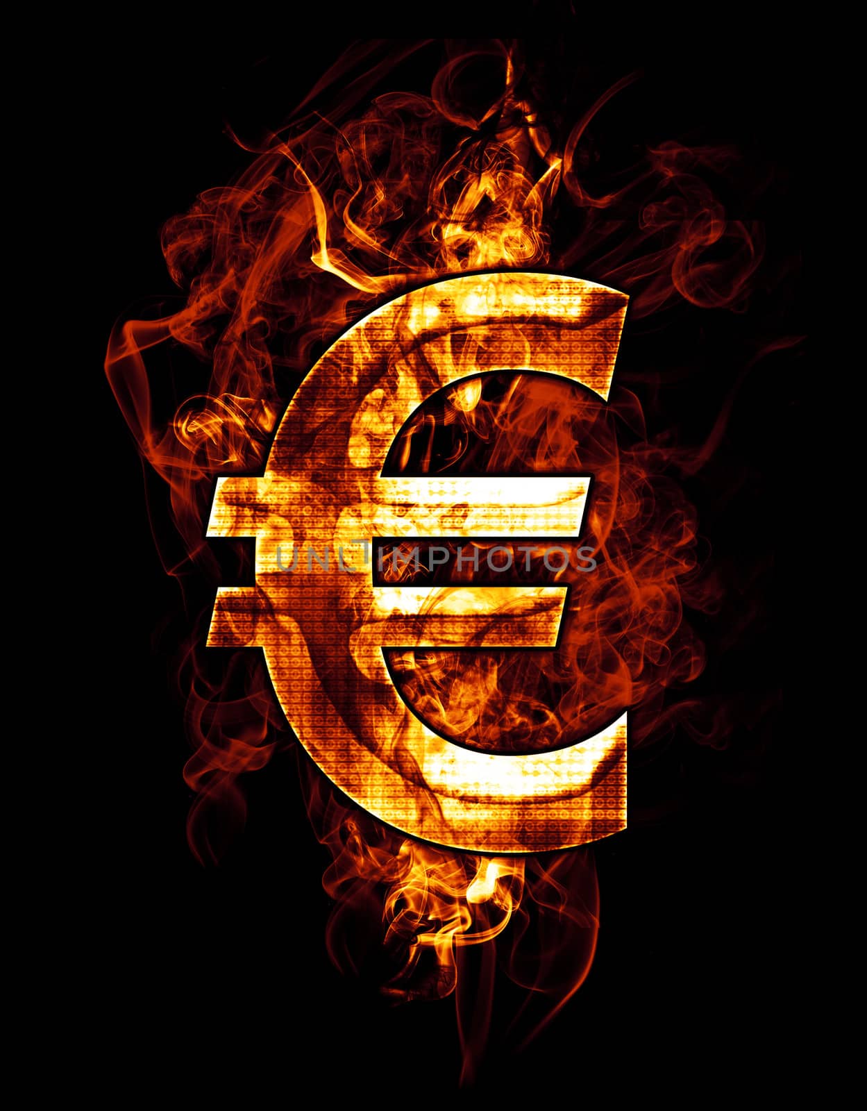 euro, illustration of number with chrome effects and red fire on black background