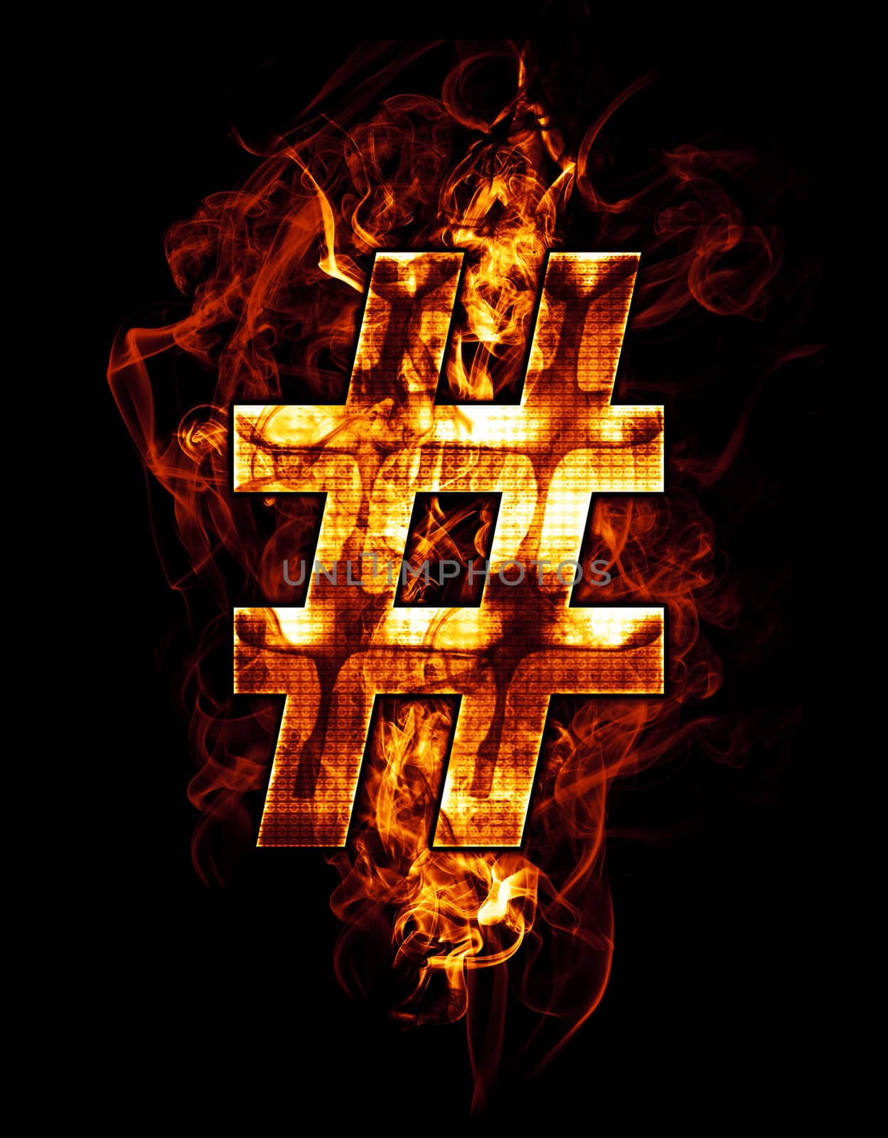 hashtag, illustration of number with chrome effects and red fire on black background