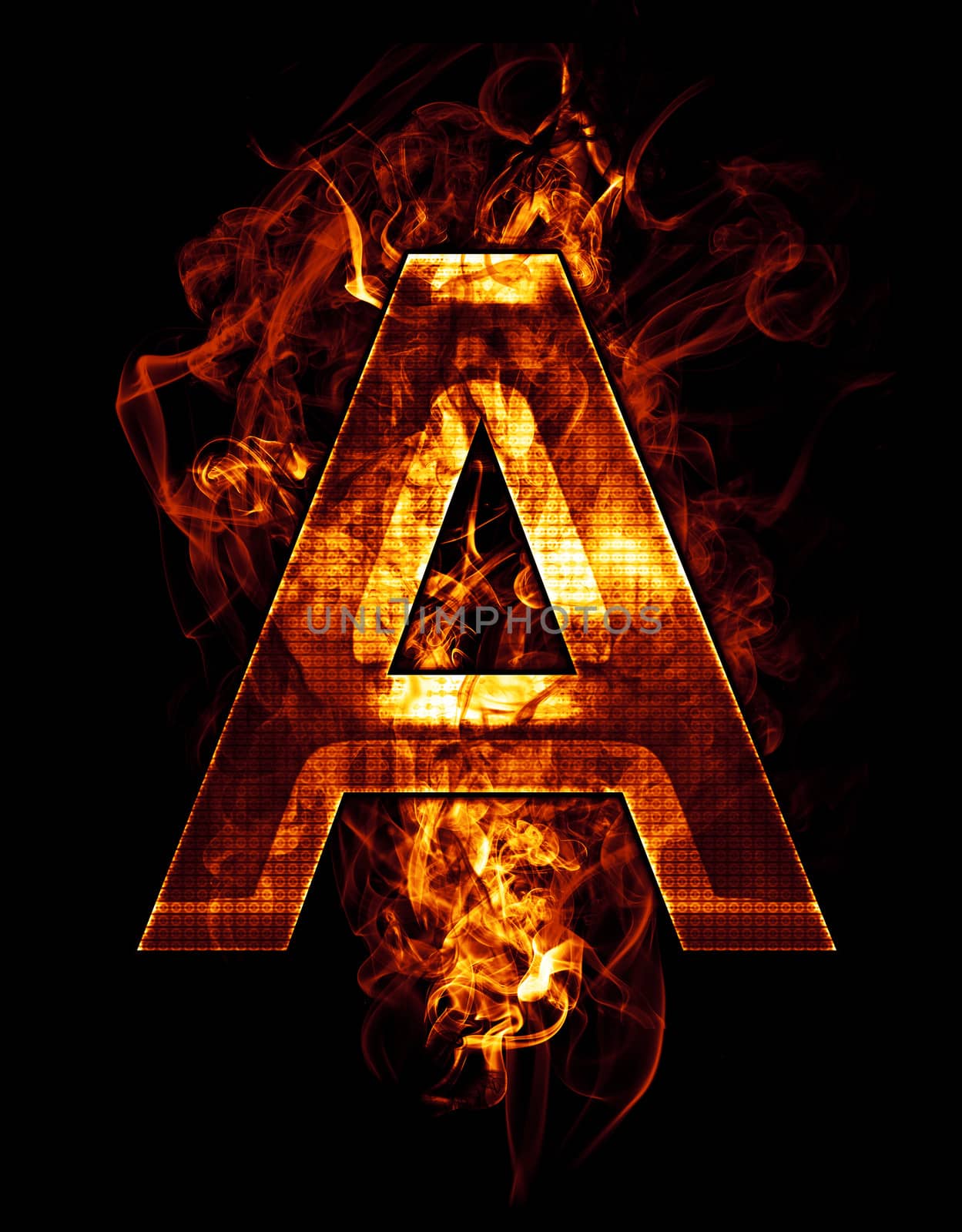 a, illustration of letter with chrome effects and red fire on black background