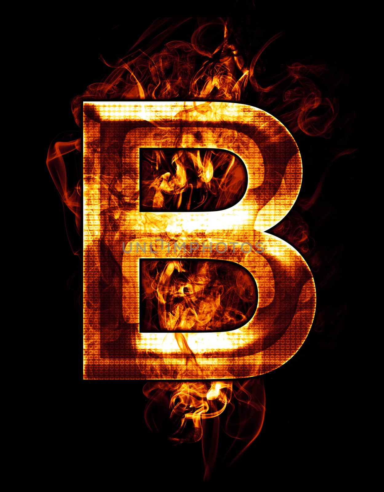 b, illustration of letter with chrome effects and red fire on black background