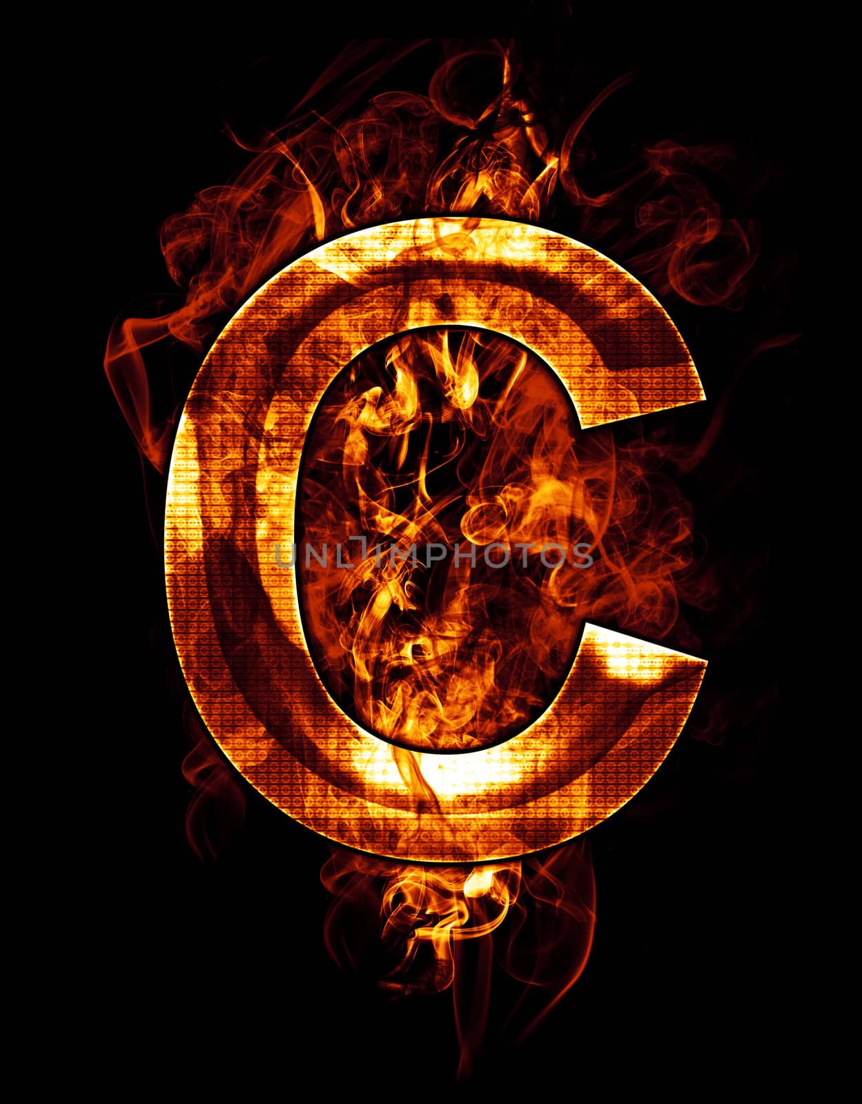 c, illustration of letter with chrome effects and red fire on black background