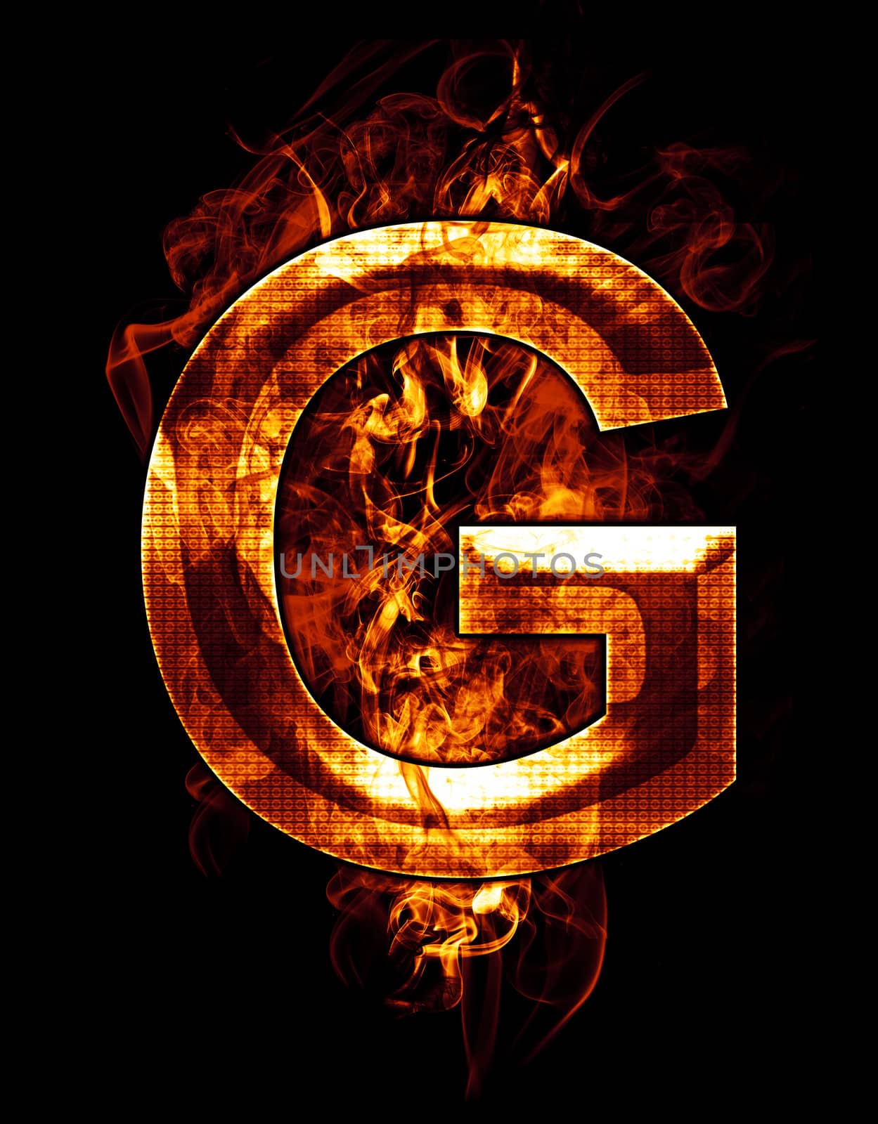 g, illustration of letter with chrome effects and red fire on black background