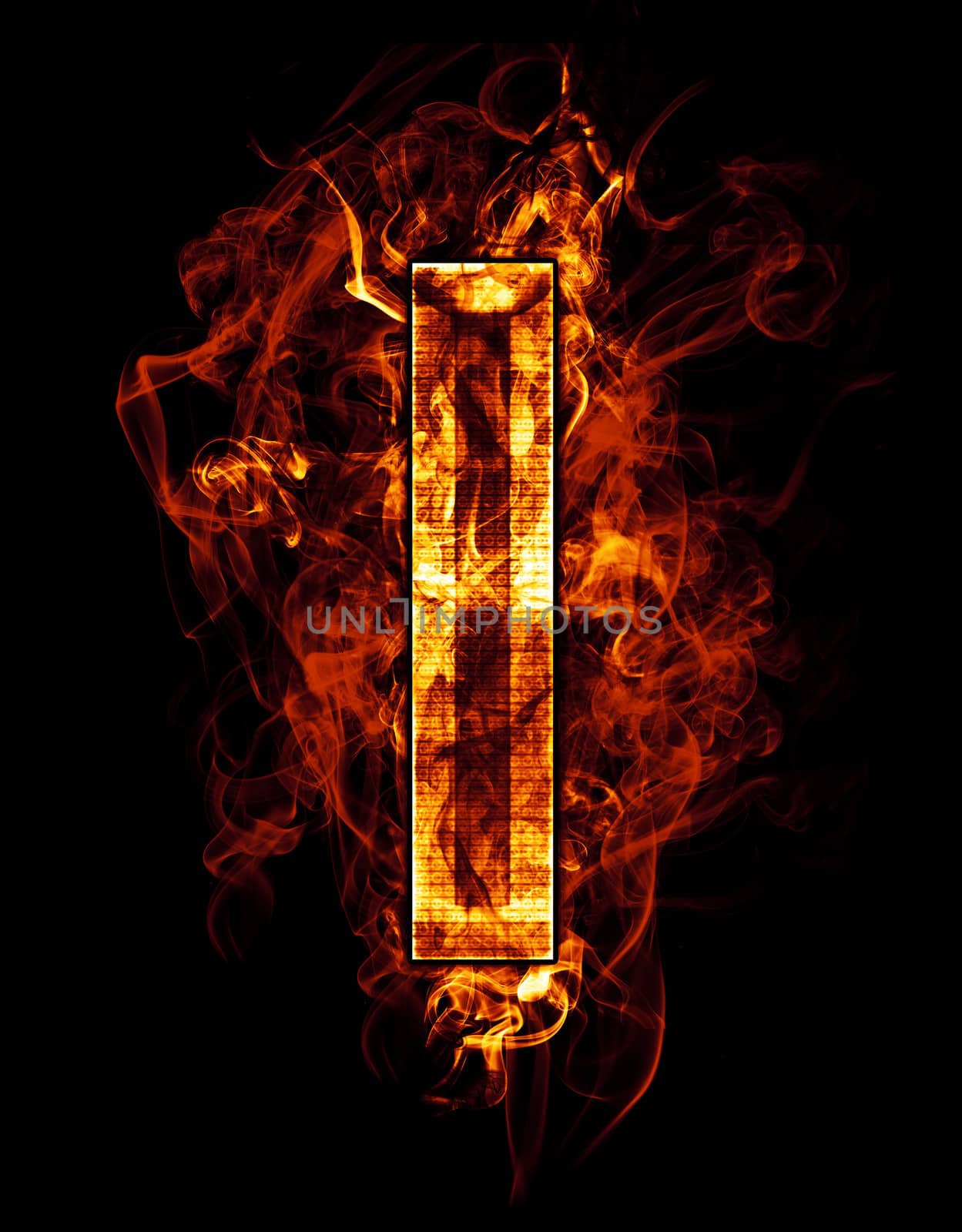 i, illustration of letter with chrome effects and red fire on black background