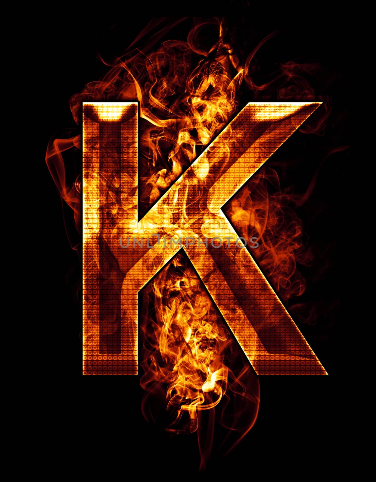 k, illustration of letter with chrome effects and red fire on black background