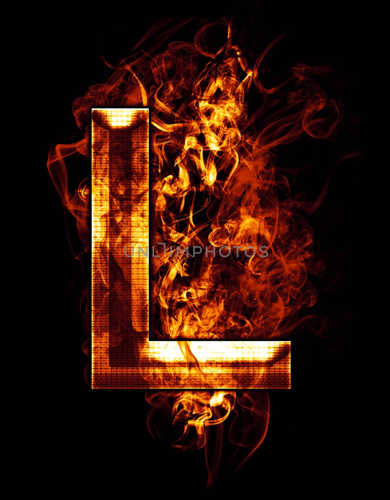 l, illustration of letter with chrome effects and red fire on black background