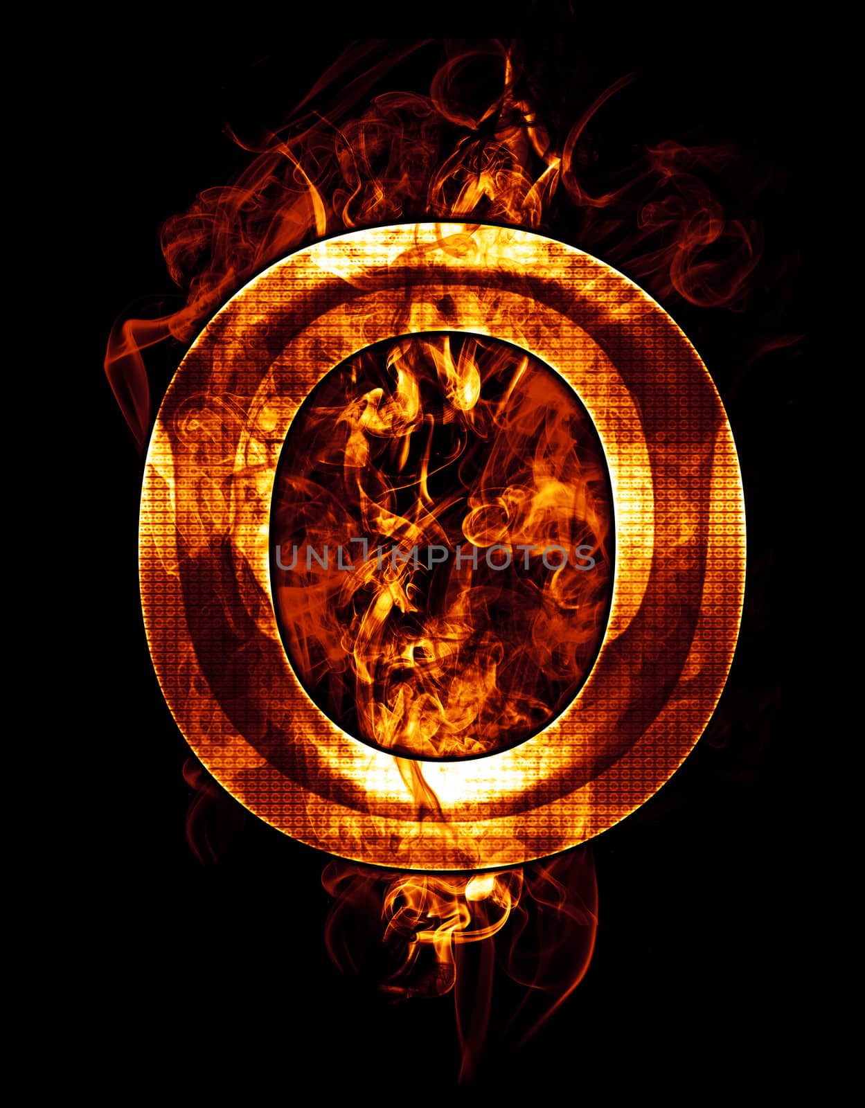 o, illustration of letter with chrome effects and red fire on black background