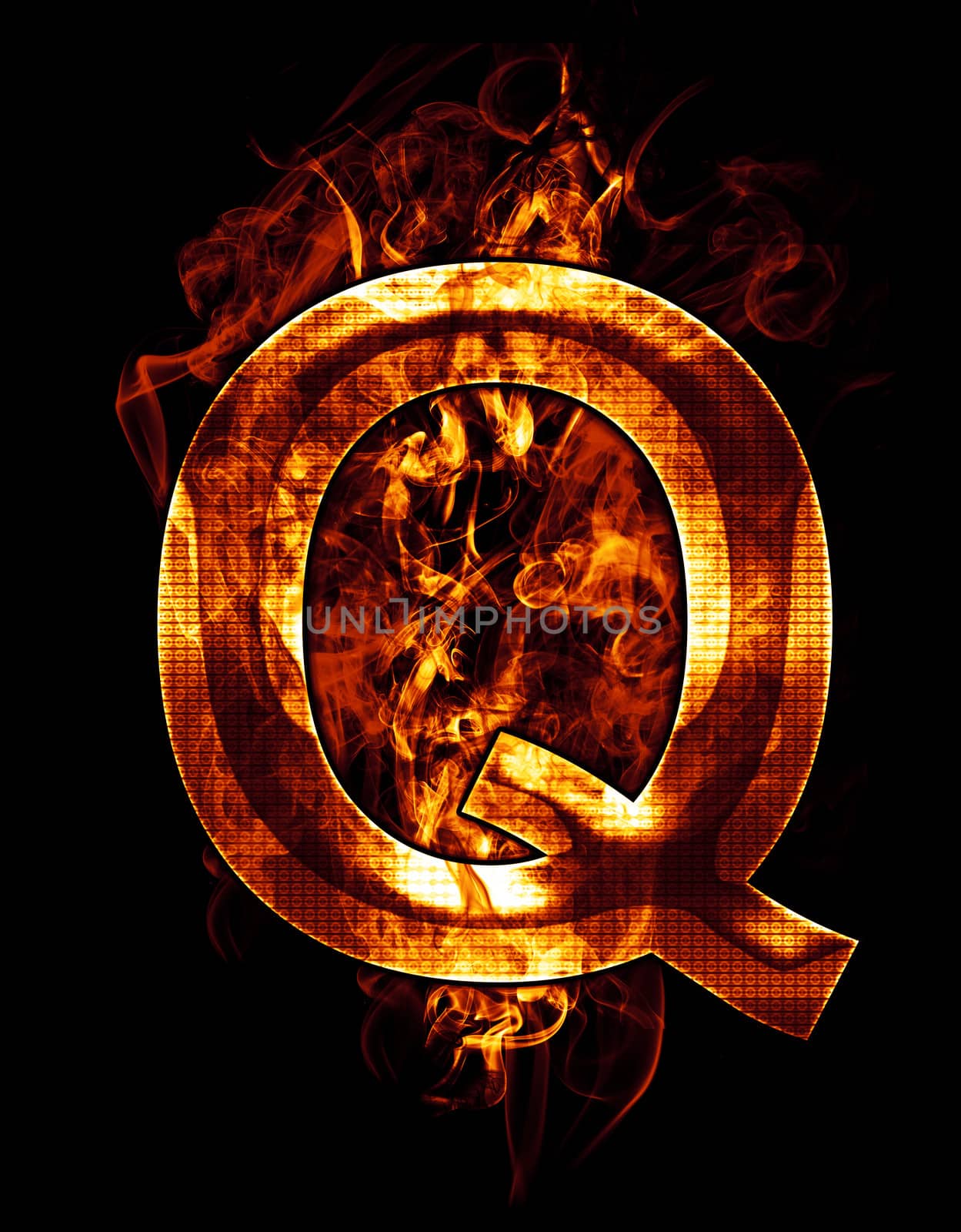 q, illustration of letter with chrome effects and red fire on black background