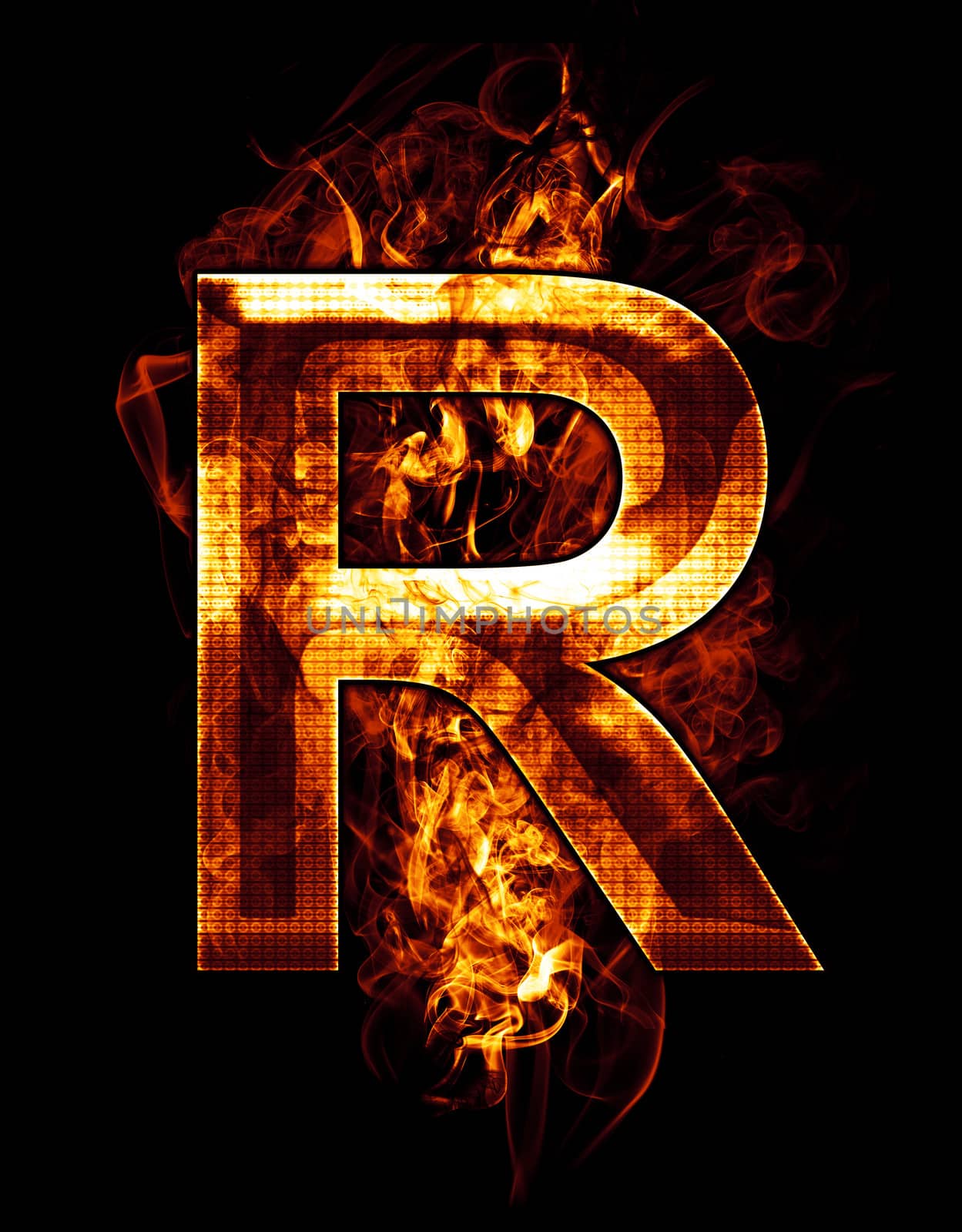 r, illustration of letter with chrome effects and red fire on black background