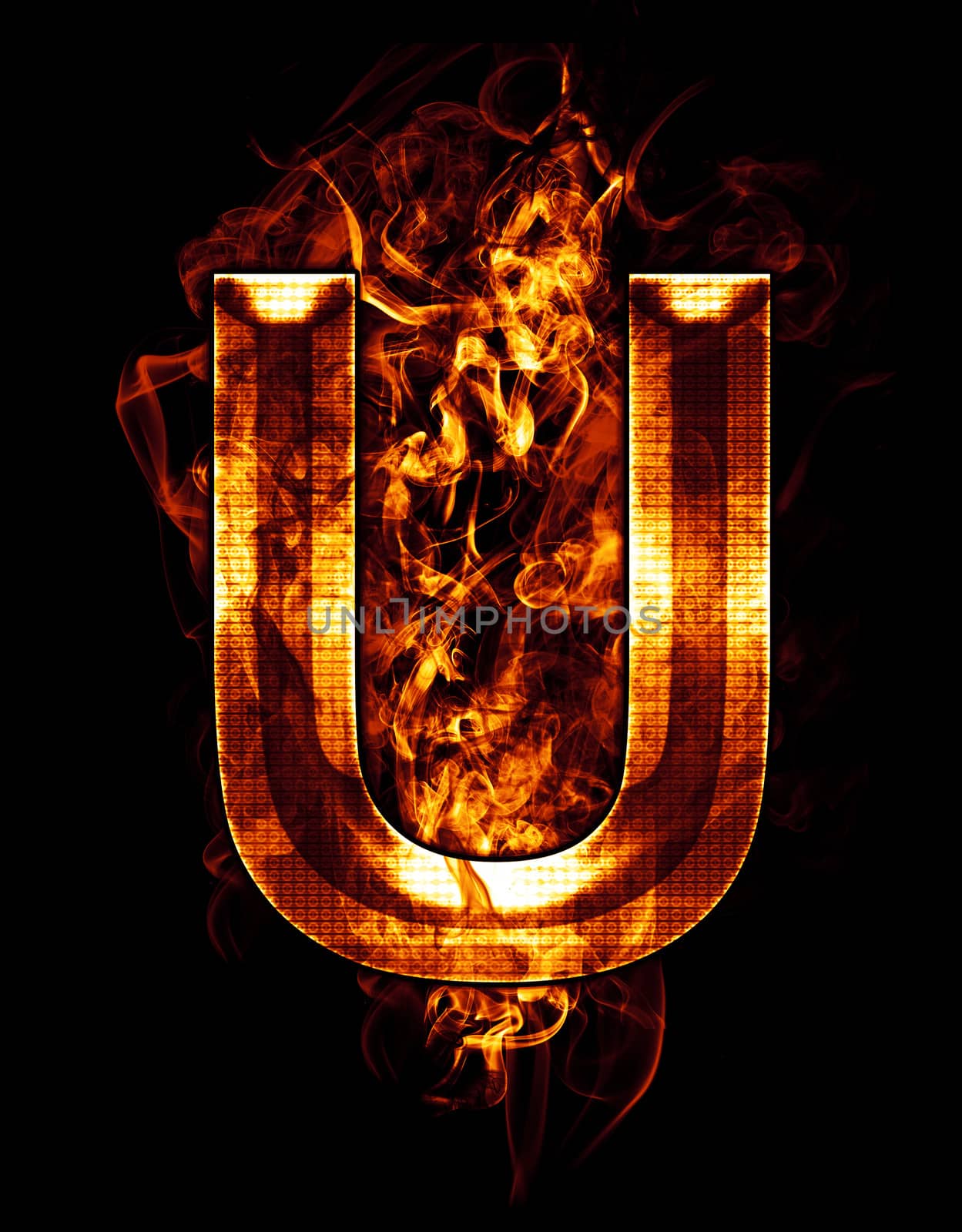 u, illustration of letter with chrome effects and red fire on black background