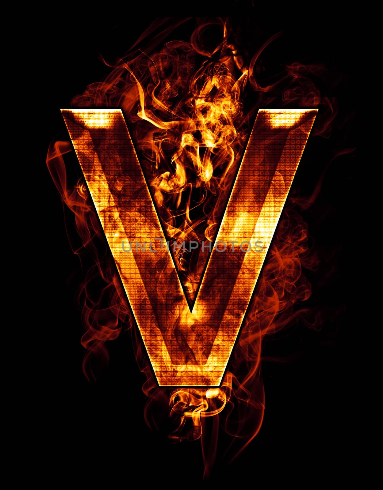 v, illustration of letter with chrome effects and red fire on black background