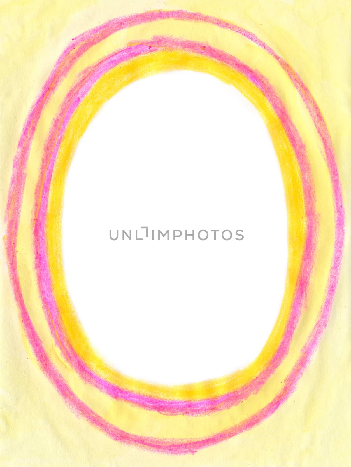 Oval shaped yellow frame painted with crayon and tempera