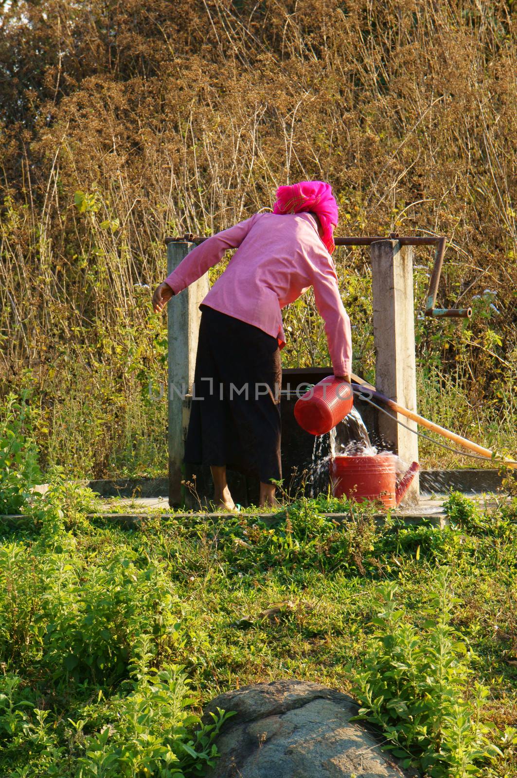  DAKLAK, VIETNAM- FEB 6: People  scoop water from water well by bucker, woman wear colorful clothing, the well at meadow in Vietnamese countryside, Viet Nam, Feb 6, 2014  