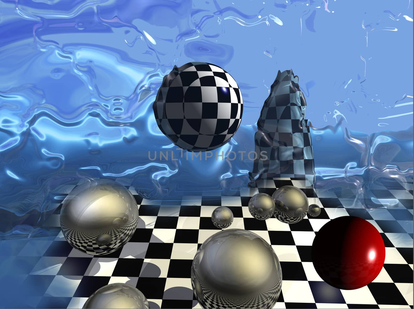 Checkered composition background on blue background made in 3d