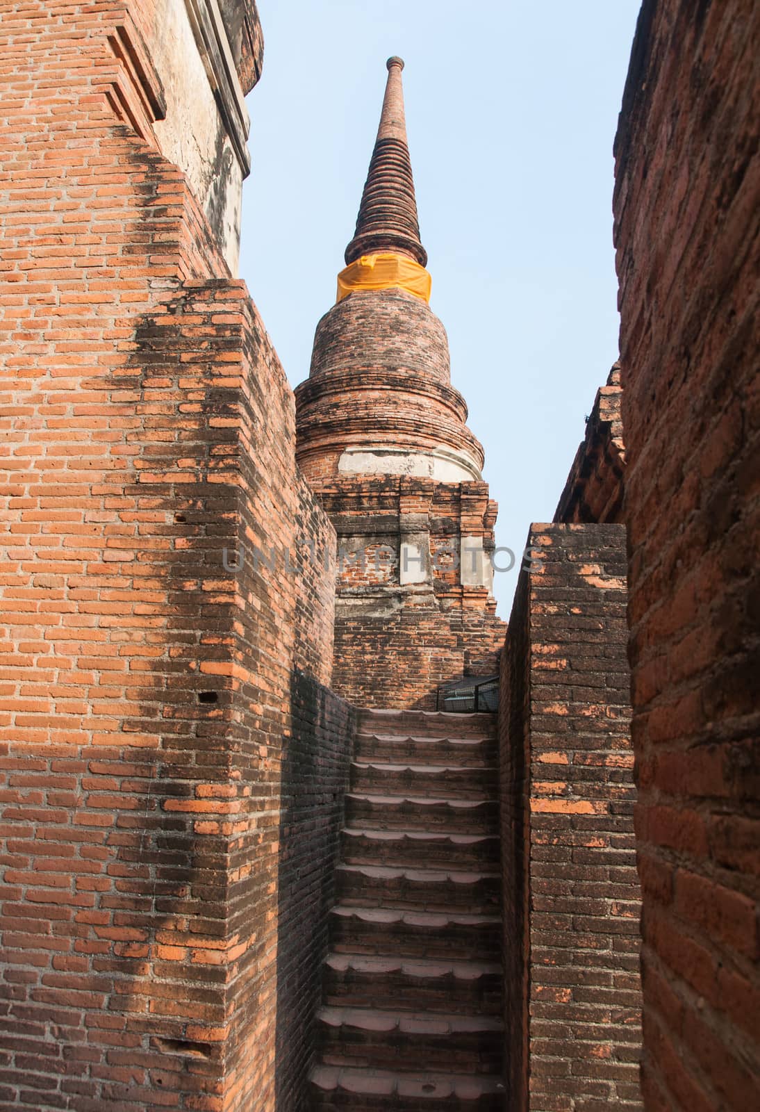 Walk up the stairs Wat yai chaimongkhon Ayutthaya, of Thailand