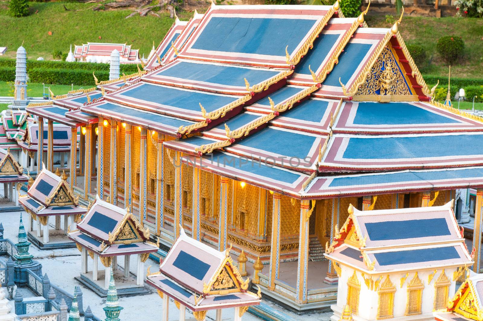 The royal temple of the emerald budoha is reproduced to mini size in mini siam, Thailand.