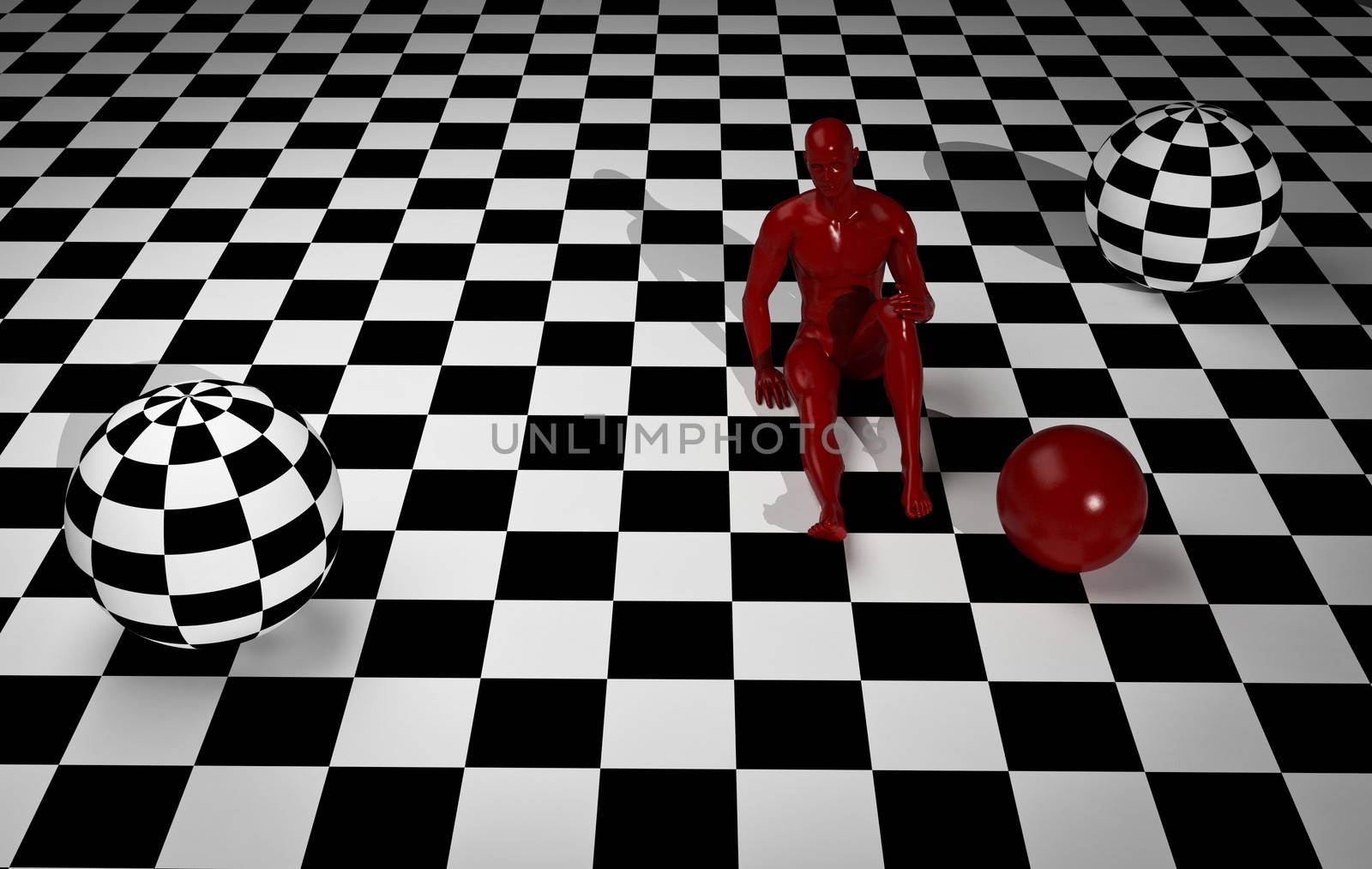 Checkered composition with man end ball   made in 3d