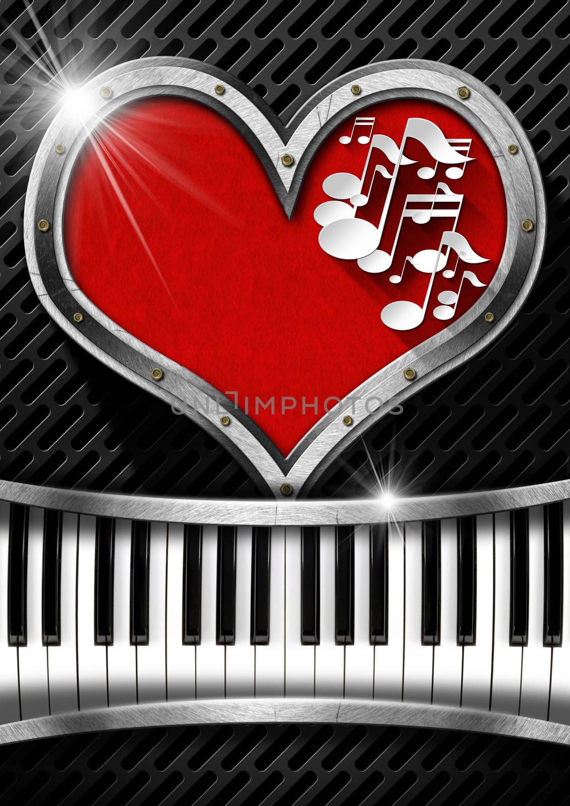 Metal porthole heart shape with red velvet and musical notes, on dark grid with piano keyboard