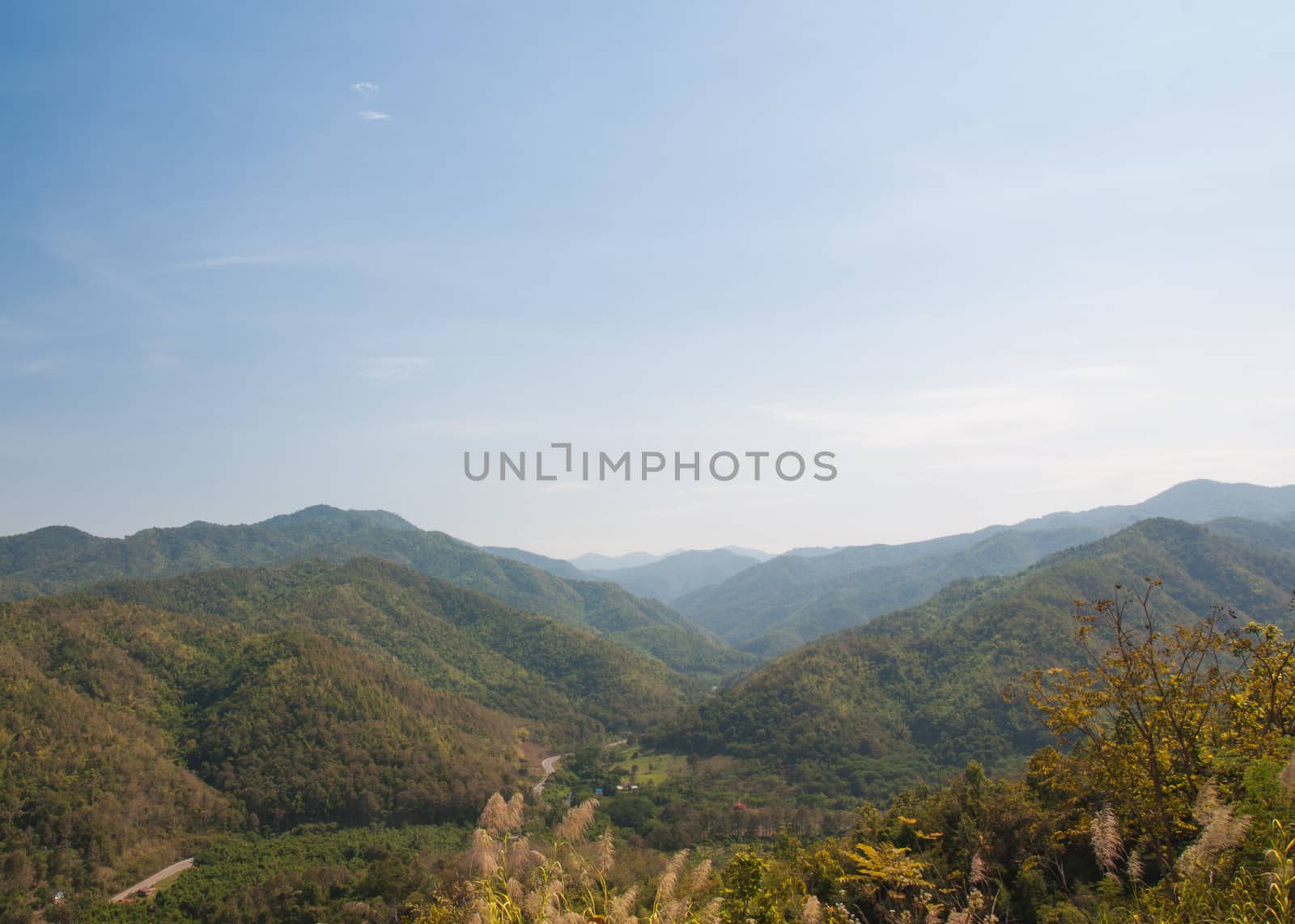 View mountain and road with blue sky