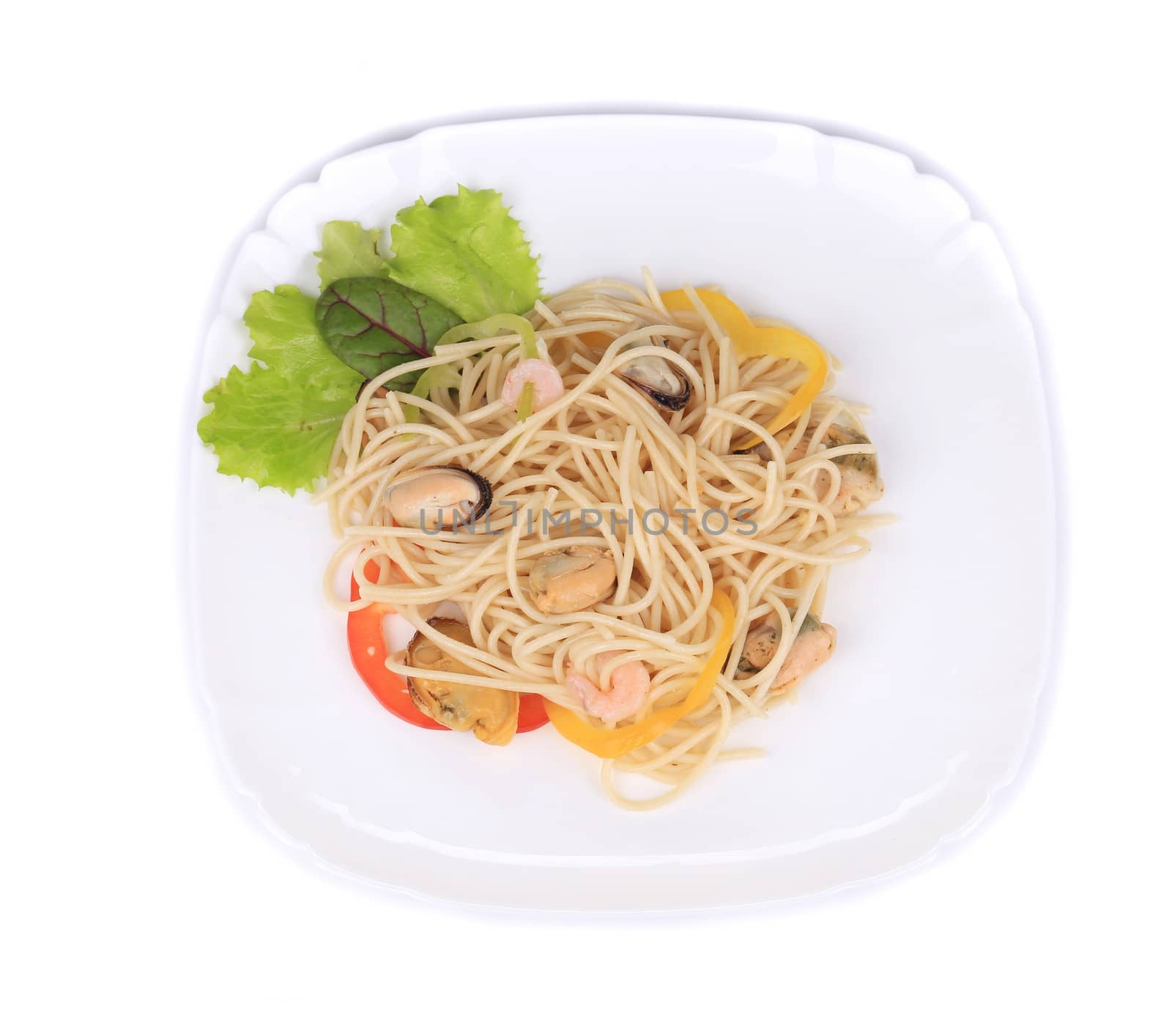 Sea salad with spaghetti. Isolated on a white background.