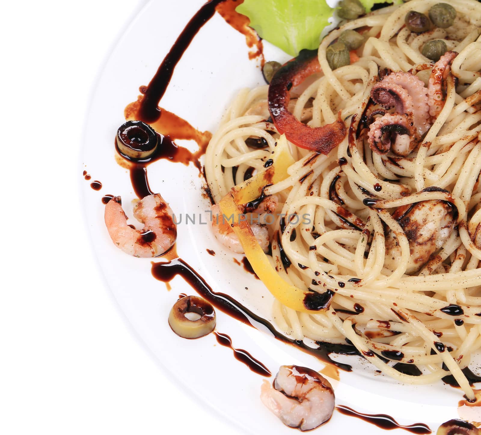 Sea salad with spaghetti. Locate on the whole background.