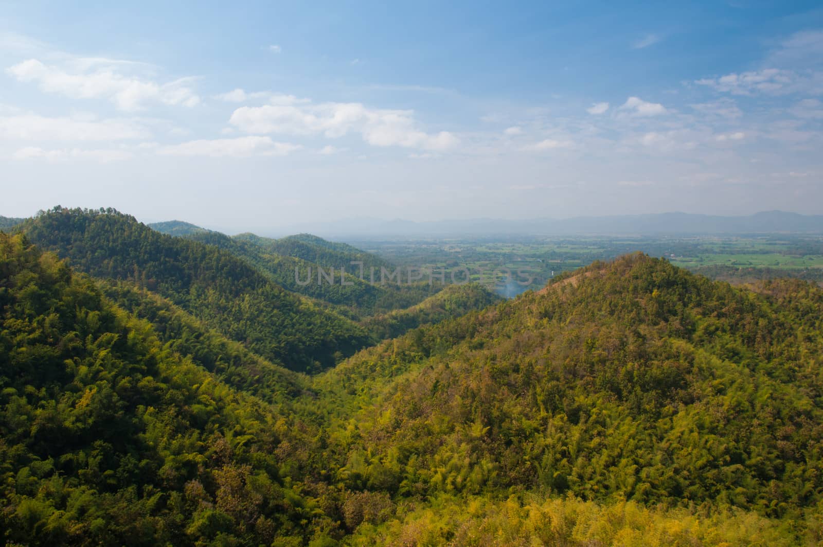 View green mountains and a blue sky