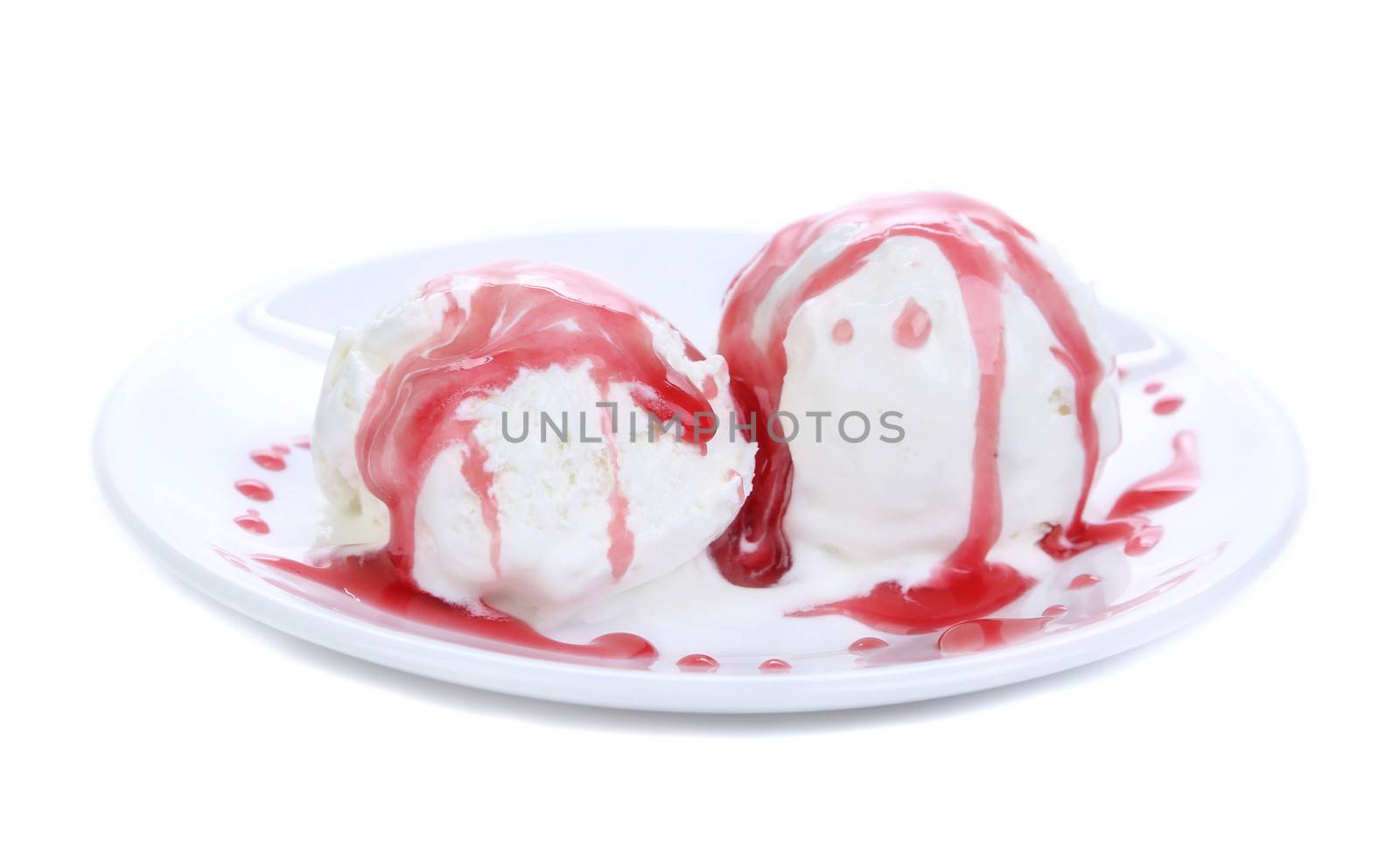 Collage of ice cream with red syrup on white plate. Isolated on a white background