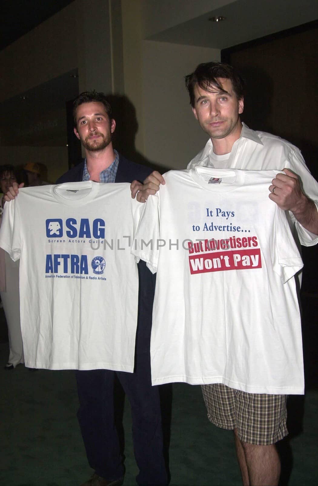 Noah Wyle and William Baldwin at a meeting of SAG and AFTRA where members showed their support for the strike against the advertising industry. Sag/Aftra headquarters, 06-13-00