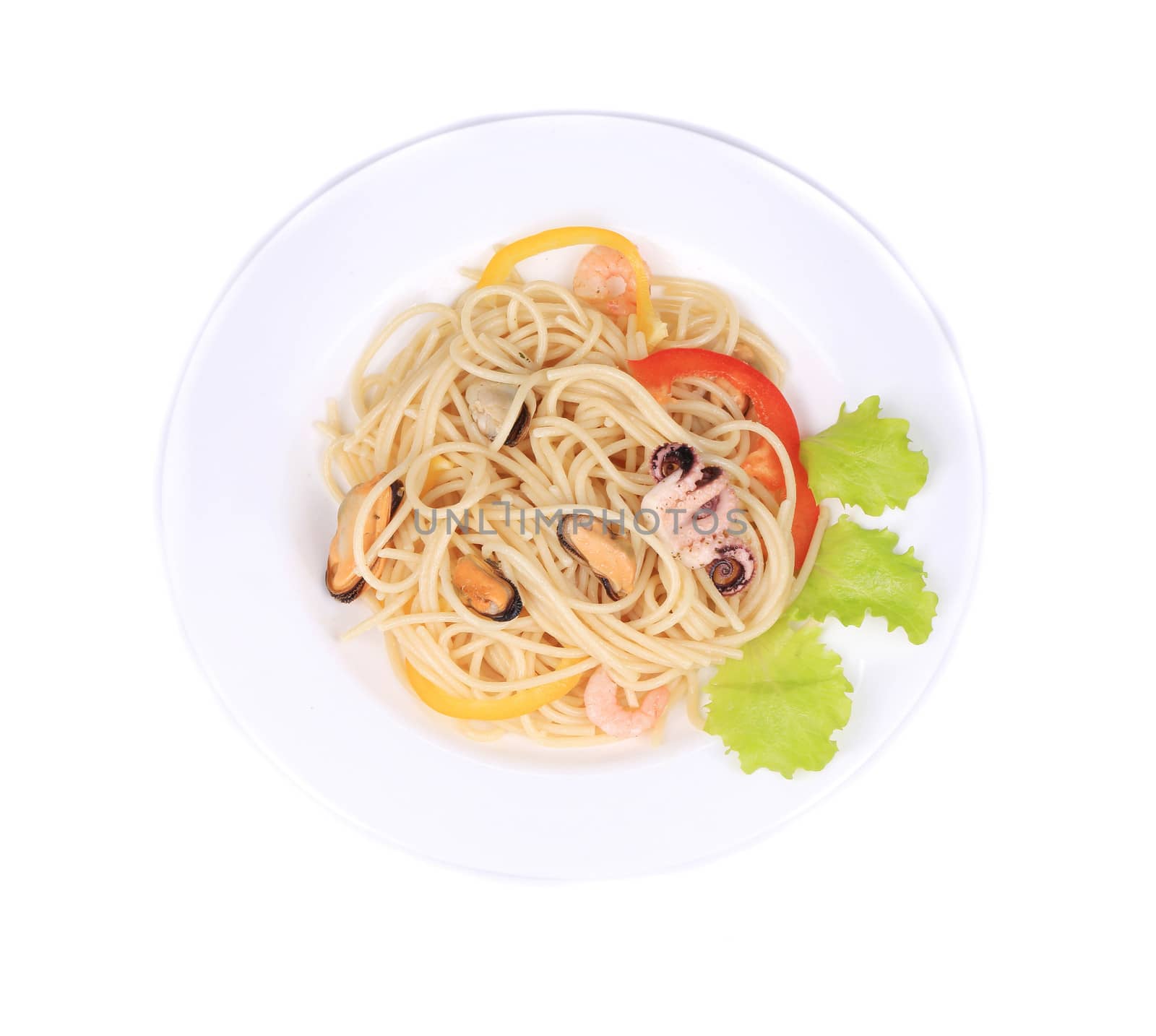 Sea salad with spaghetti. Isolated on a white background.