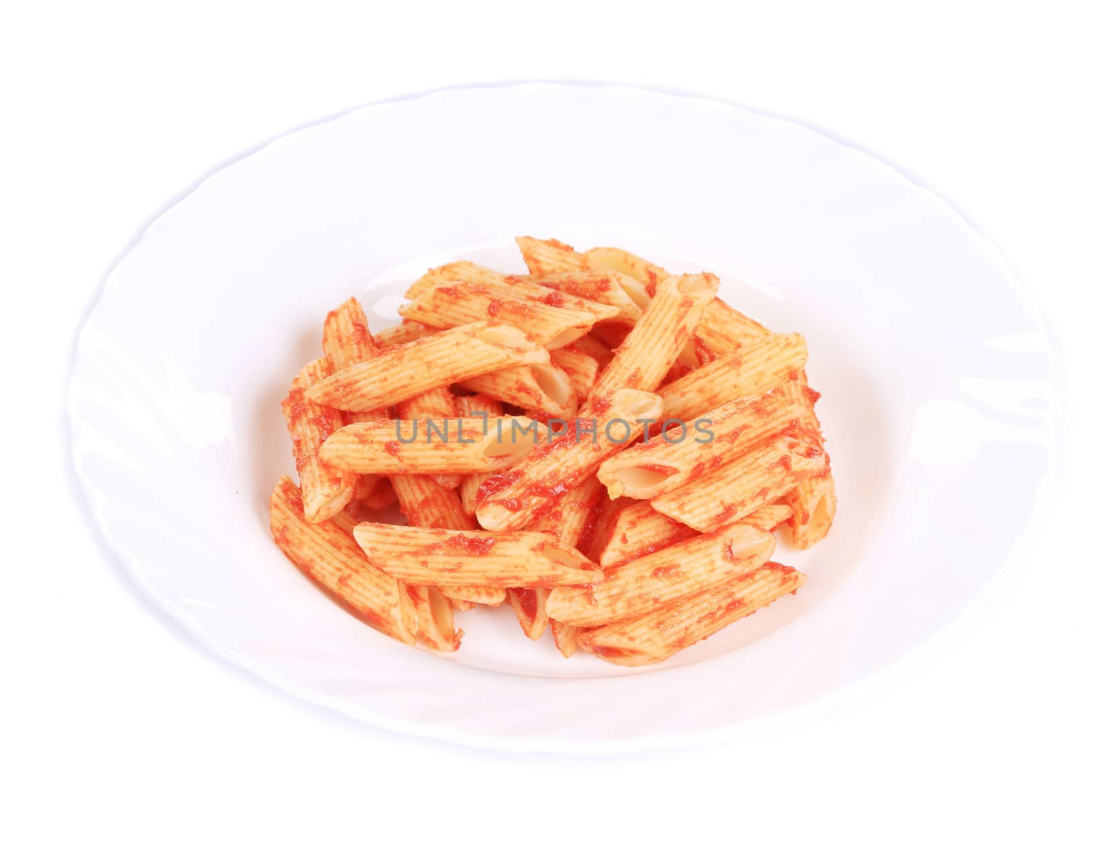 Pasta with tomato sauce. Isolated on a white background.