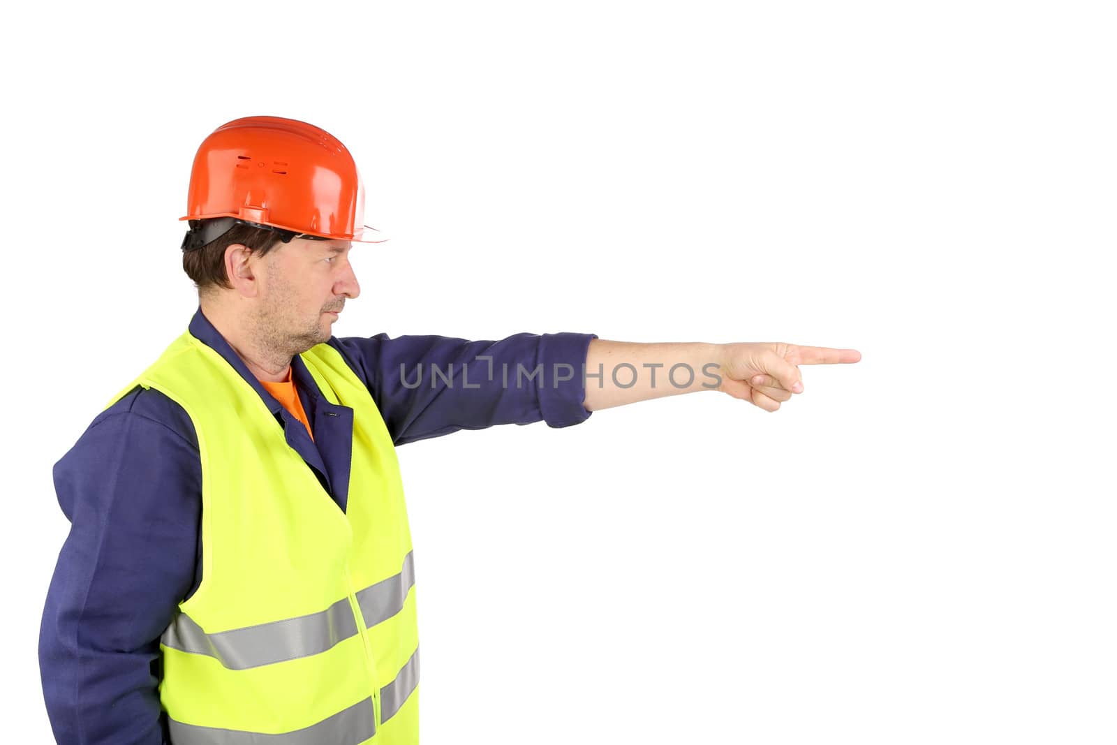 Worker in hard hat with hand up. Isolated on a white background.