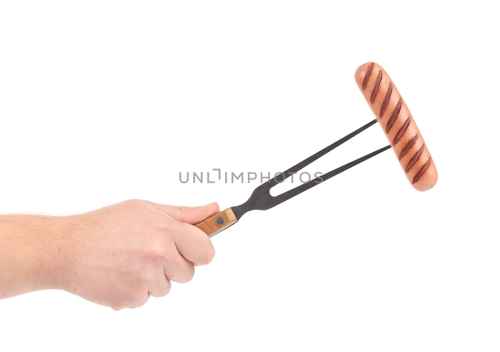 Fried pork sausage on a fork. Isolated on a white background.