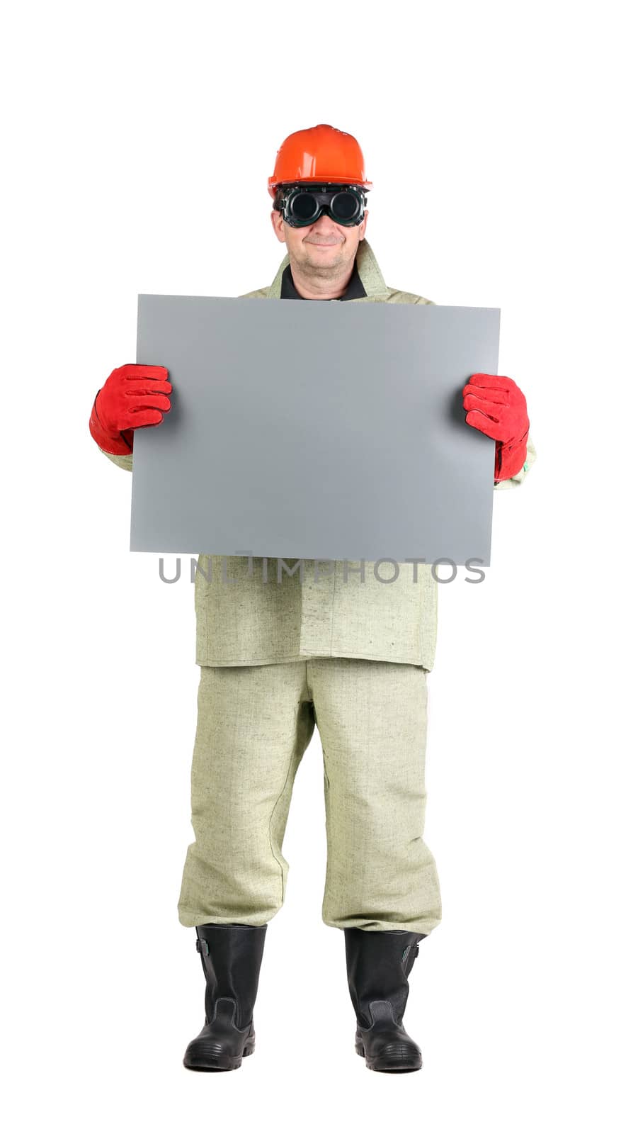 Welder in hard hat with paper. Isolated on a white background.