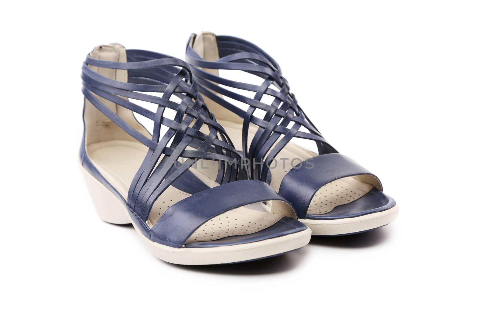 Wicker black leather sandals. Isolated on a white background