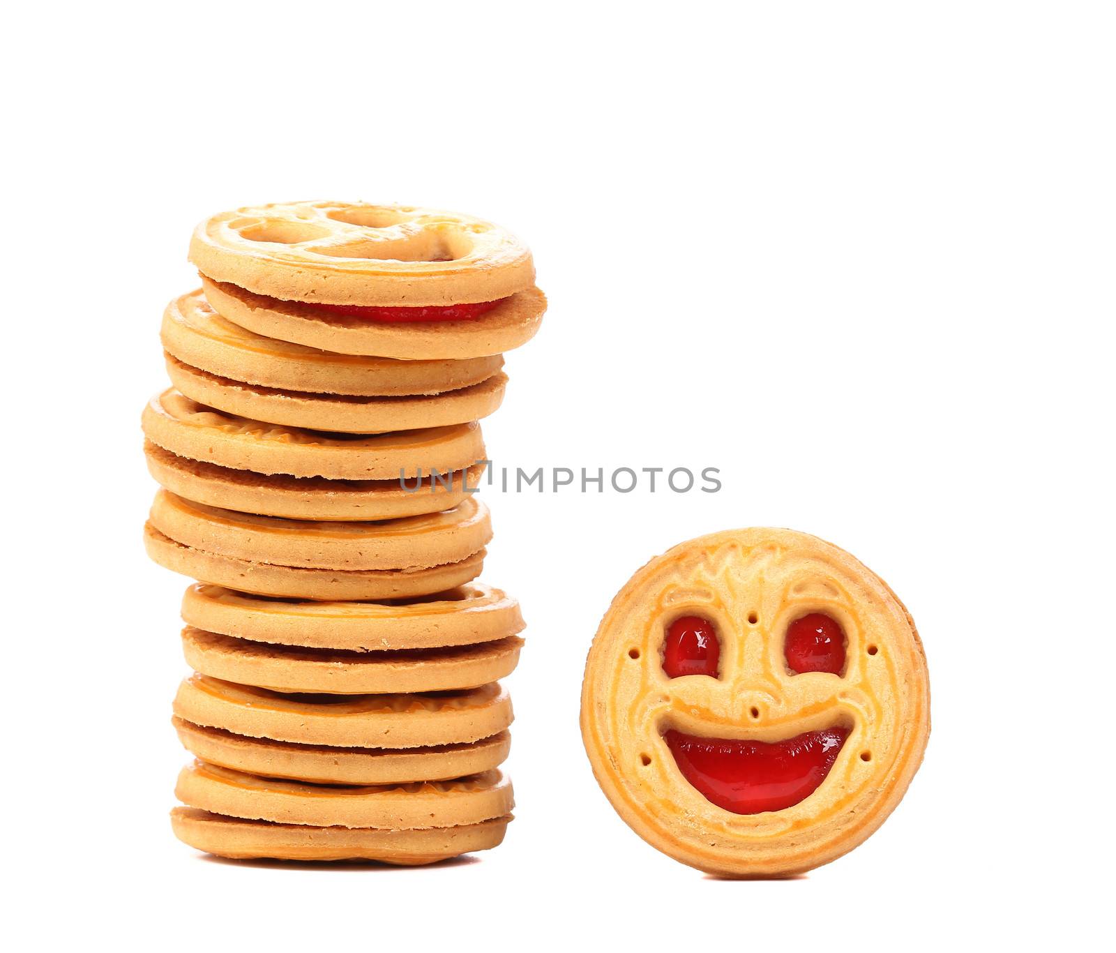 Stack of smile biscuits.. Isolated on a white background.