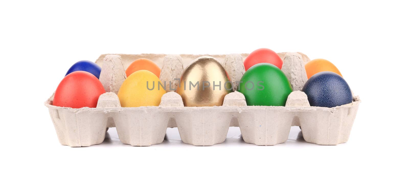 Easter eggs in a box. Isolated on a white background.