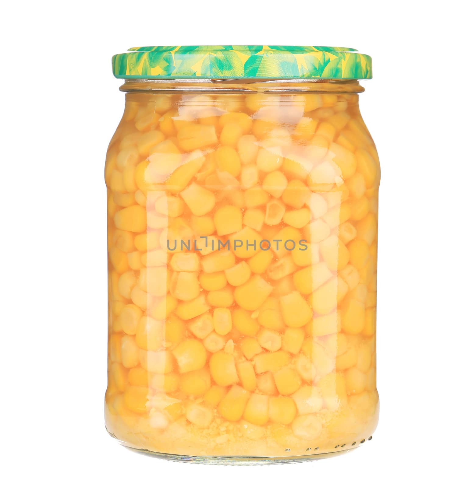 Glass jar with canned corn. Isolated on a white background.