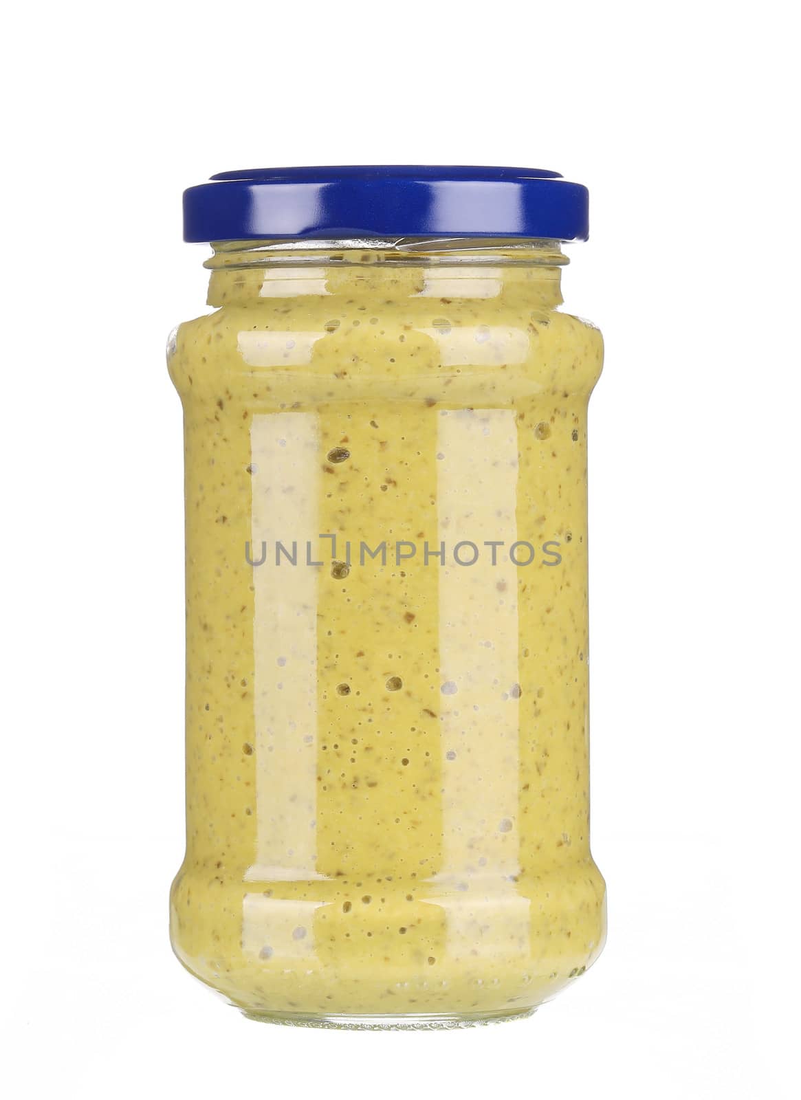 Glass jar of mustard. Isolated on a white background.