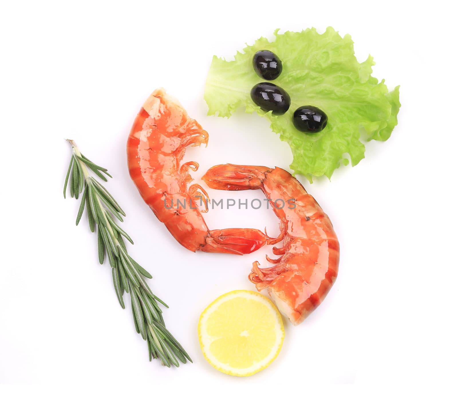 Two shrimp with lemon and rosemary. Isolated on a white background.