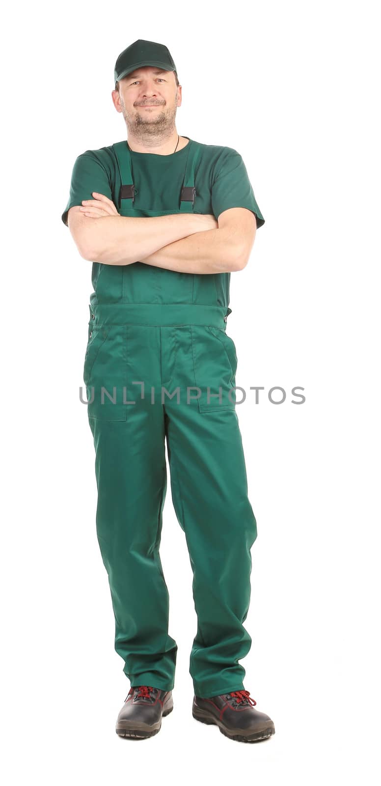 Man in green uniform. Isolated on a white background.