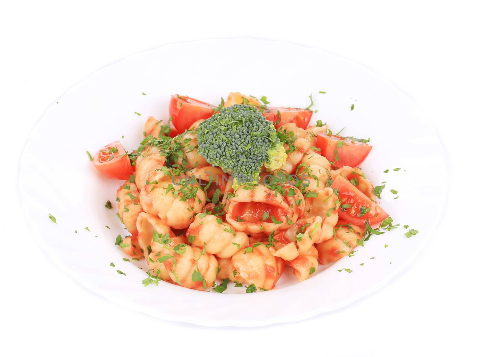 Pasta with parsley and broccoli. Isolated on a white background.