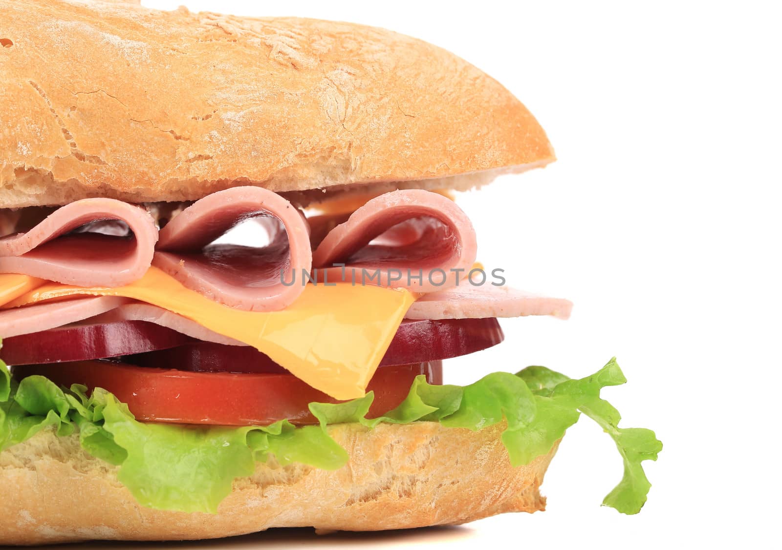 Baguette sandwich. Isolated on a white background.