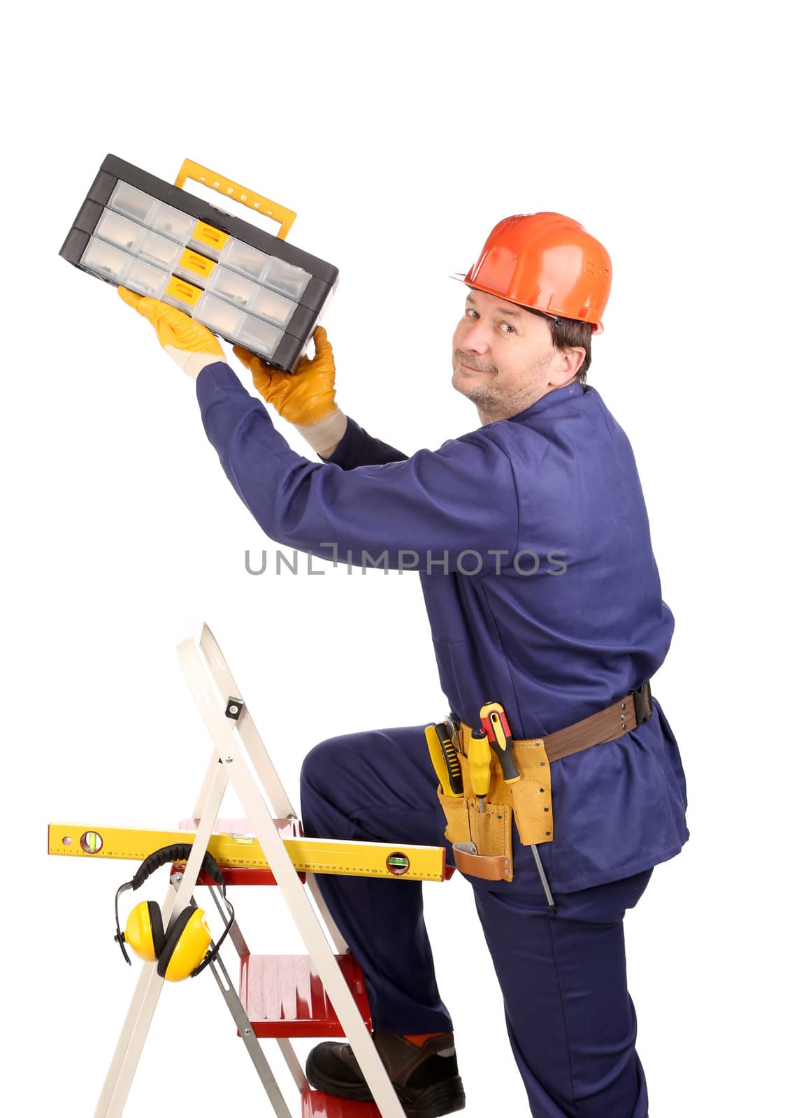 Worker on ladder with hammer. Worker on ladder with toolbox. Isolated on a white background.