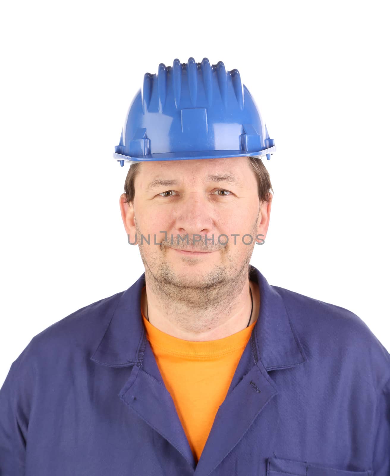 Confident worker portrait with hard hat. Isolated on a white background.