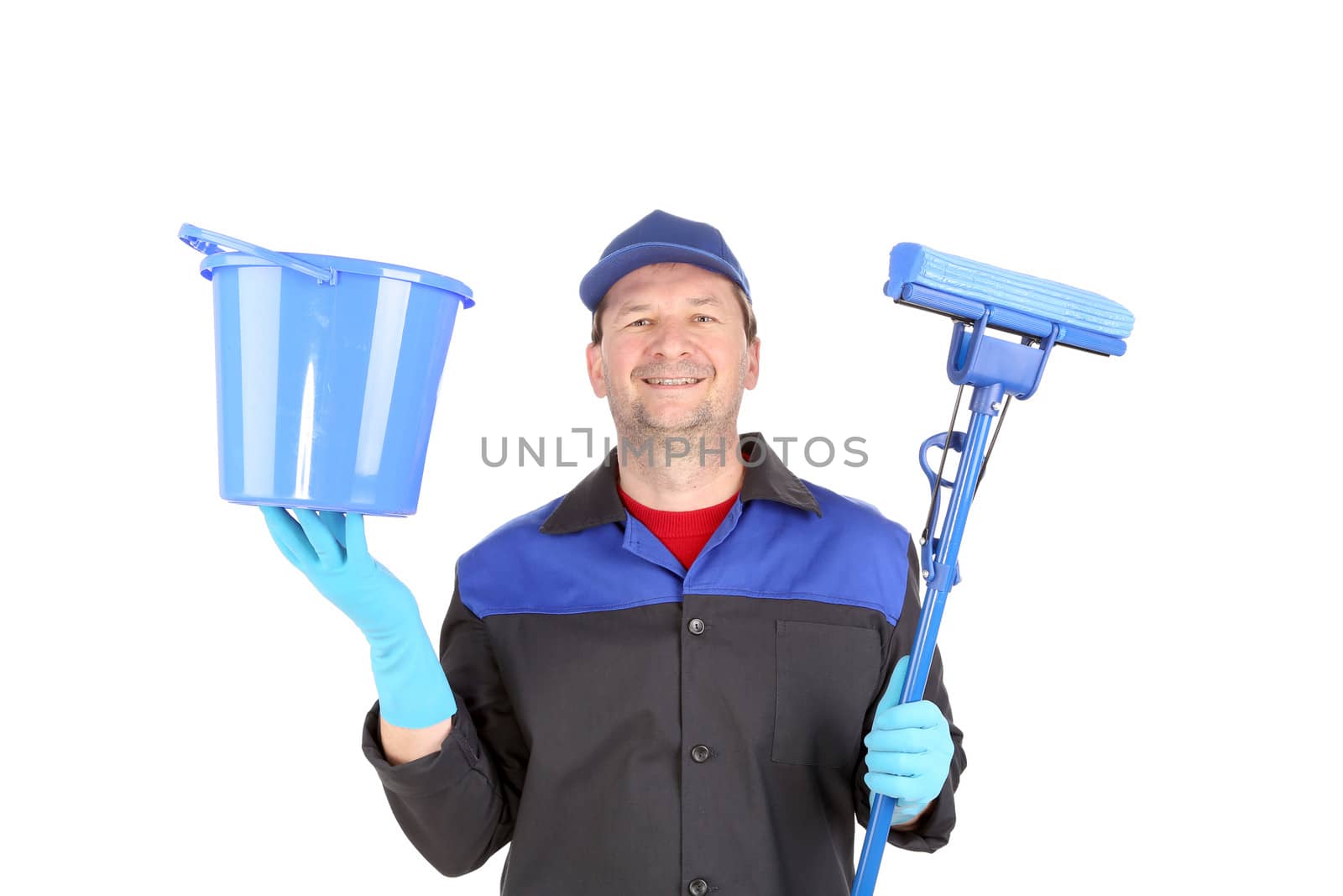 Man in workwear with bucket and mop. Isolated on a white background.