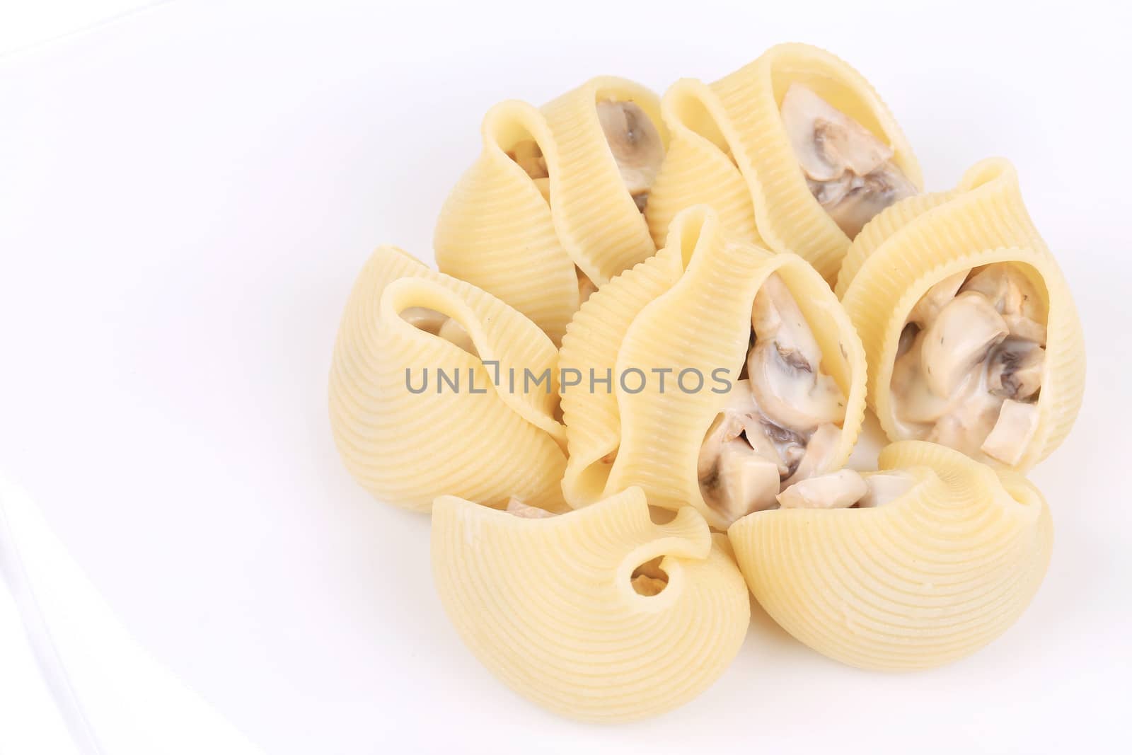 pasta shells on stuffed with mushrooms on a white plate.