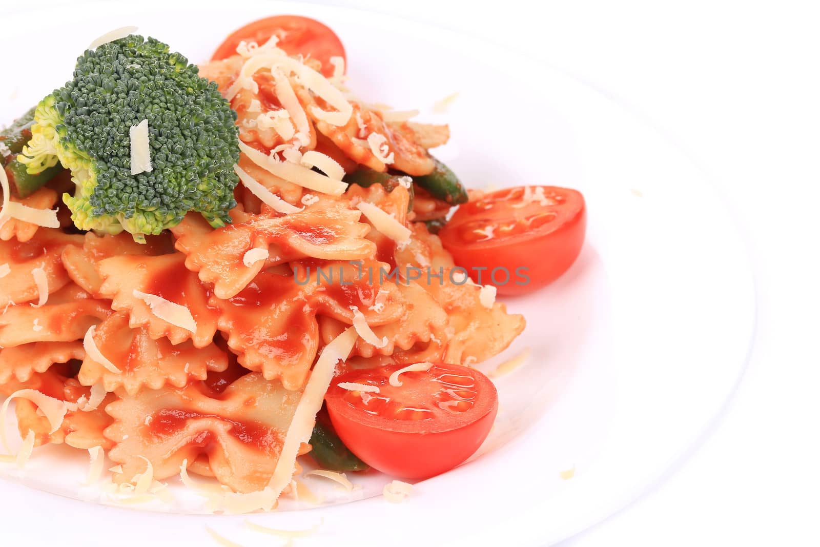 Pasta with broccoli and cheese. Isolated on a white background.