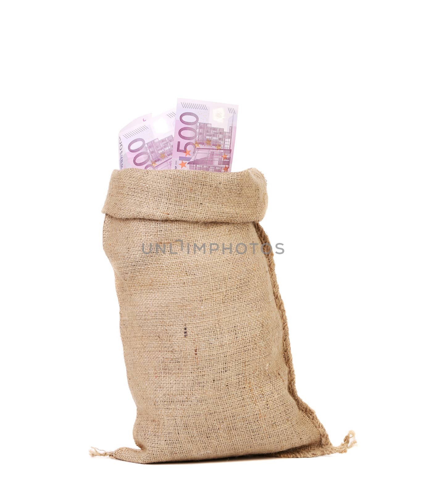 close up of  sack with euro bills. isolated on a white background